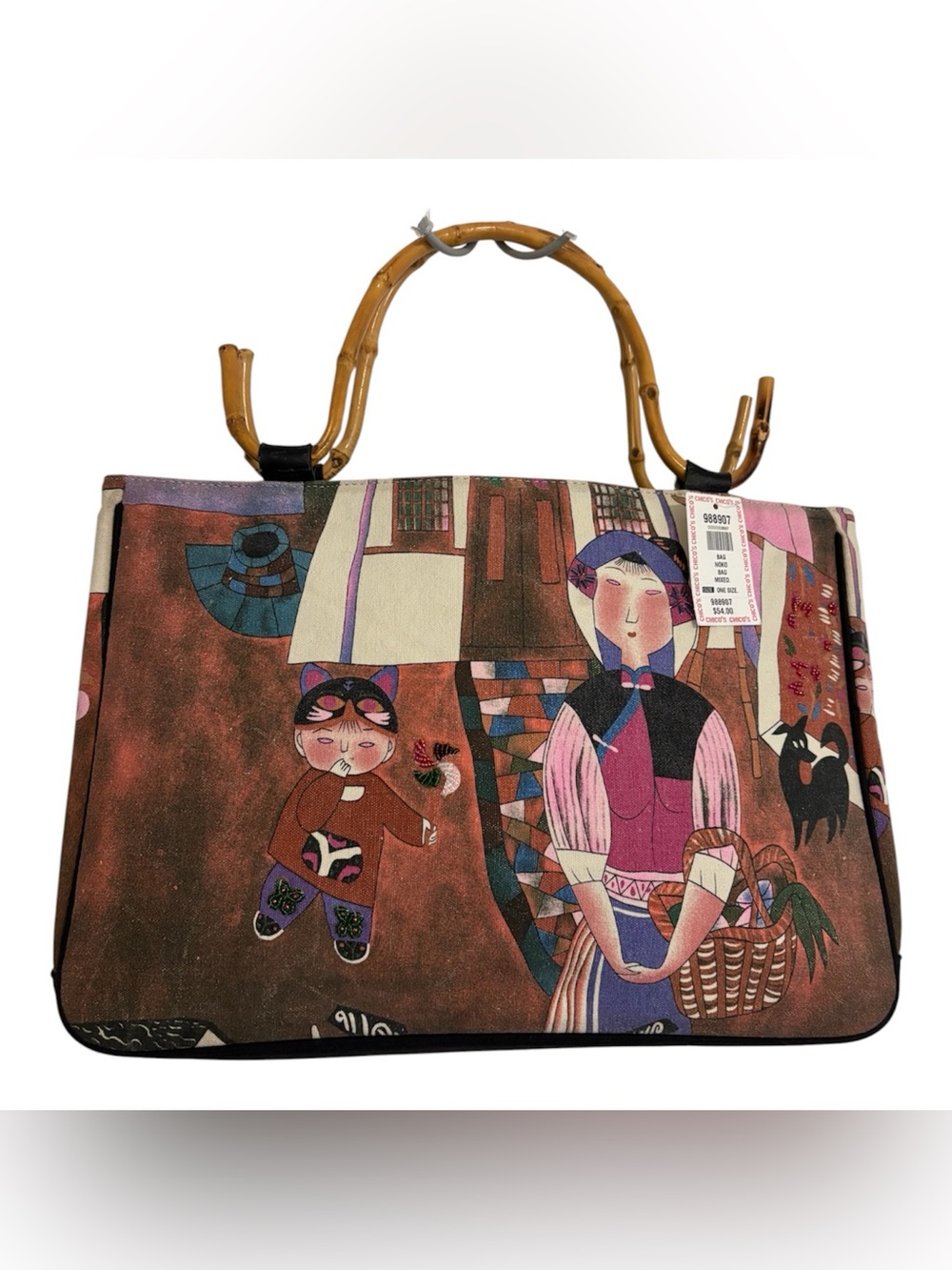 NWT Vintage 90s Chico's Multi-Color Artist Print Tote Bamboo Handle Boho